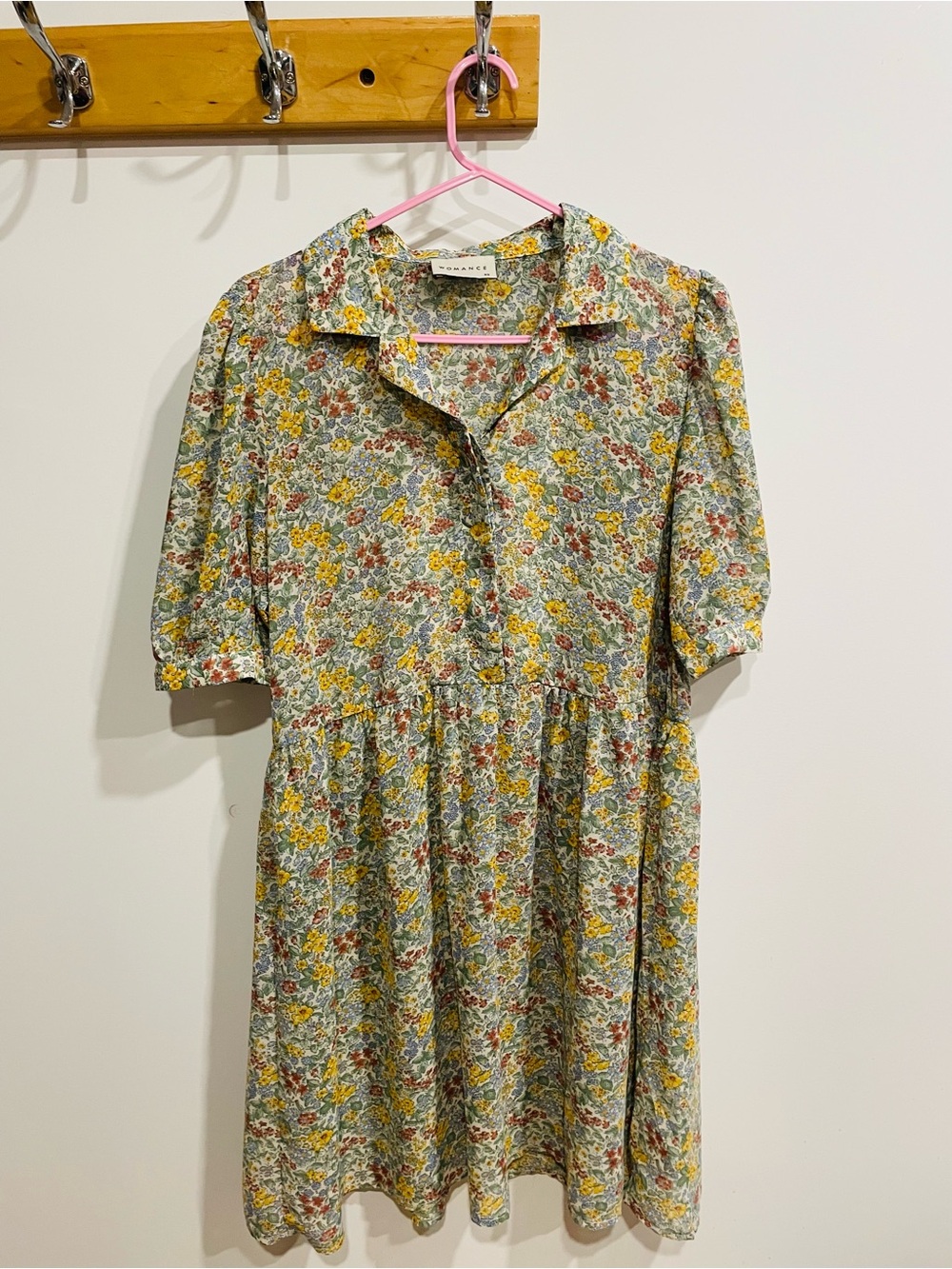 Button-Front Floral Mini Dress in Green and Yellow by Unknown